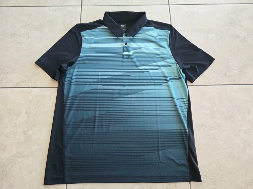 Oakley Mens Polo Shirt Sz Xl Black Green Striped Short Sleeve Athletic Golf Top